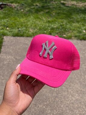 Dark Pink New York Yankees Trucker Hat with Glitter Logo
